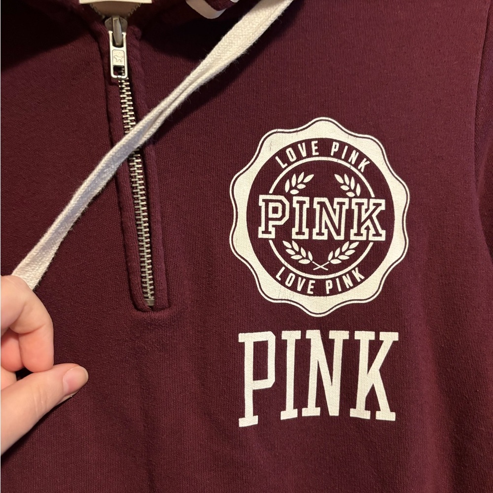 VICTORIA’S SECRET PINK Burgundy Quarter Zip Hoodie Womens Size Medium - Picture 3 of 6